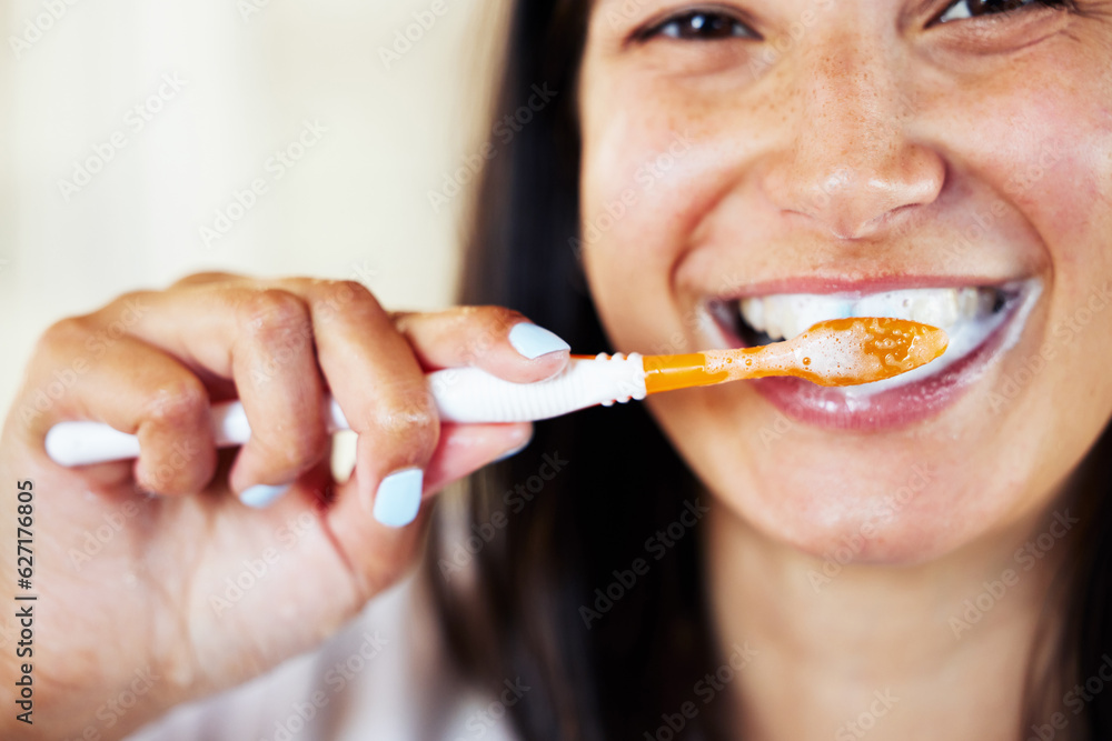 Woman, brushing teeth and smile in portrait, bathroom or cleaning with foam, dental wellness and mor