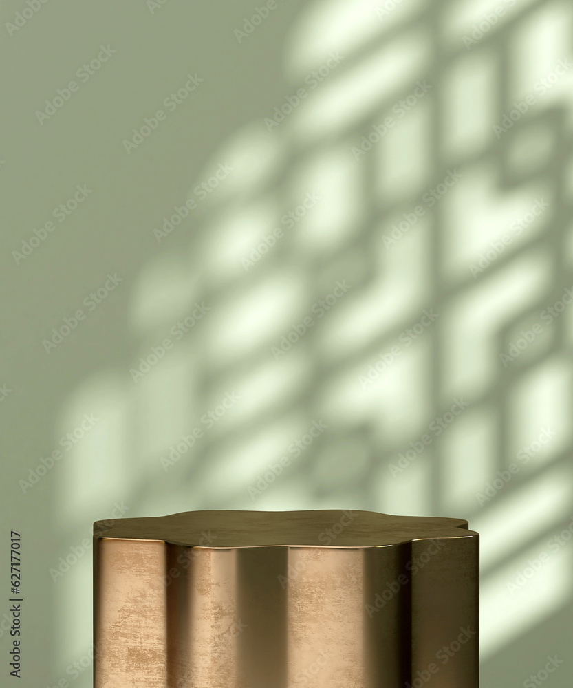 Smooth gold steel flower shape podium table in sunlight, Chinese window grill shadow on blank green 