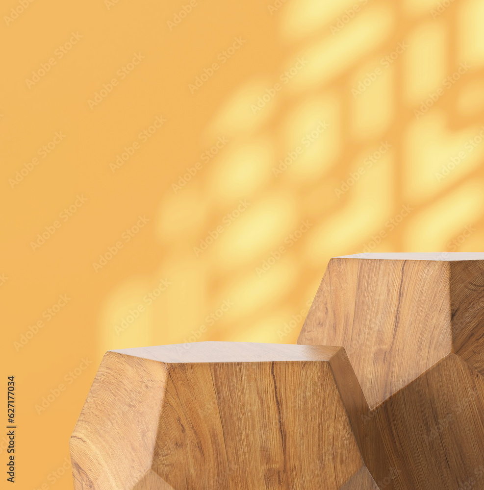 Two modern geometric shape brown wooden podium table, pentagon side in sunlight, Chinese window gril