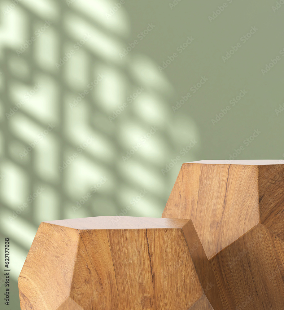 Two modern geometric shape brown wooden podium table, pentagon side in sunlight, Chinese window gril