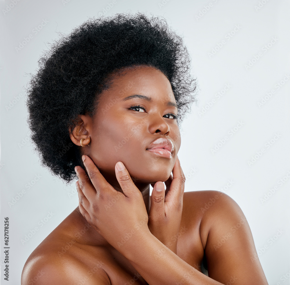 Beauty, afro and black woman in portrait with skincare or cosmetics in studio background. Dermatolog