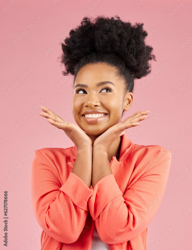 Fashion, beauty and thinking with an afro woman in studio isolated on pink background for trendy sty