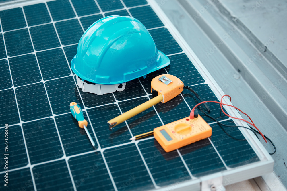 Solar panels, tools and helmet, maintenance and clean energy with natural power supply and electrici