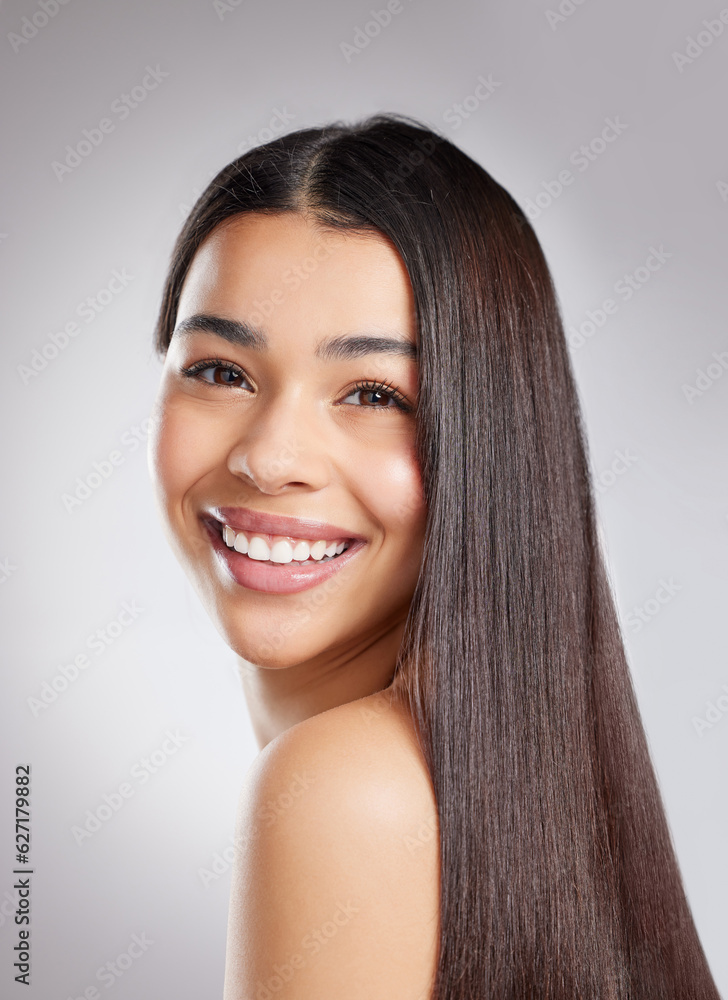 Hair, haircare and happy woman with beauty and salon hairstyle, cosmetic care and portrait isolated 