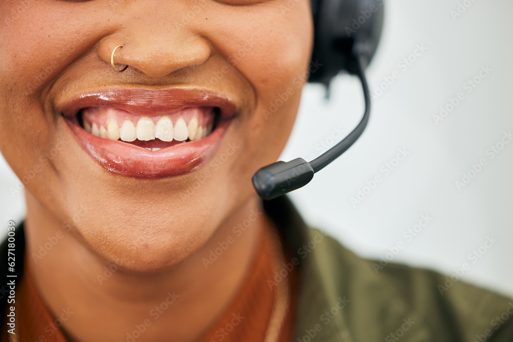 Call center, woman mouth and smile of telemarketing agent with microphone for customer service, web 