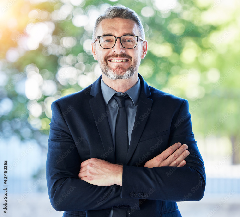 Face, senior ceo and man with arms crossed outdoor for business, entrepreneurship and professional w