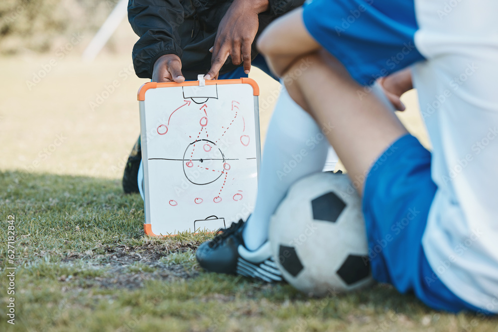 Hands, soccer team or coach planning a formation with tactics or training strategy on sports field. 