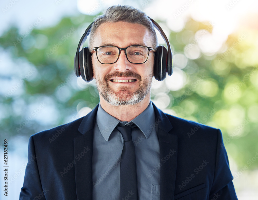 Face, mature and business man with headphones outdoor for music podcast. Portrait, accountant and ha