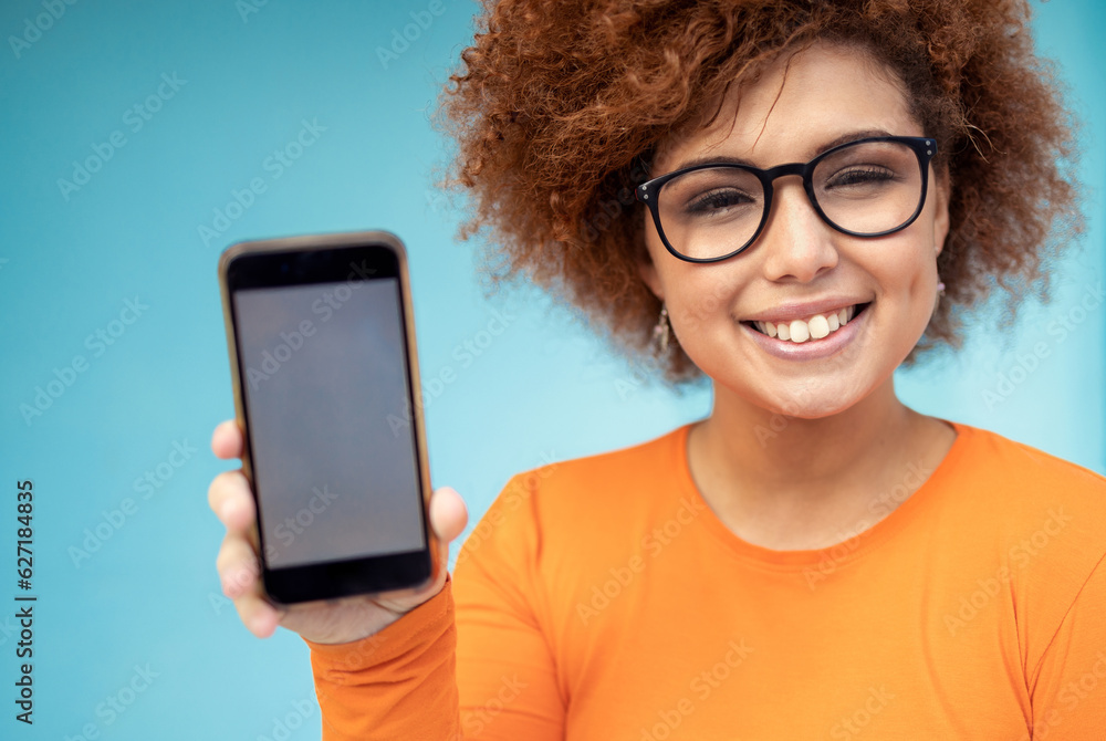 Phone screen, mockup and black woman isolated on blue background mobile app, social media or product