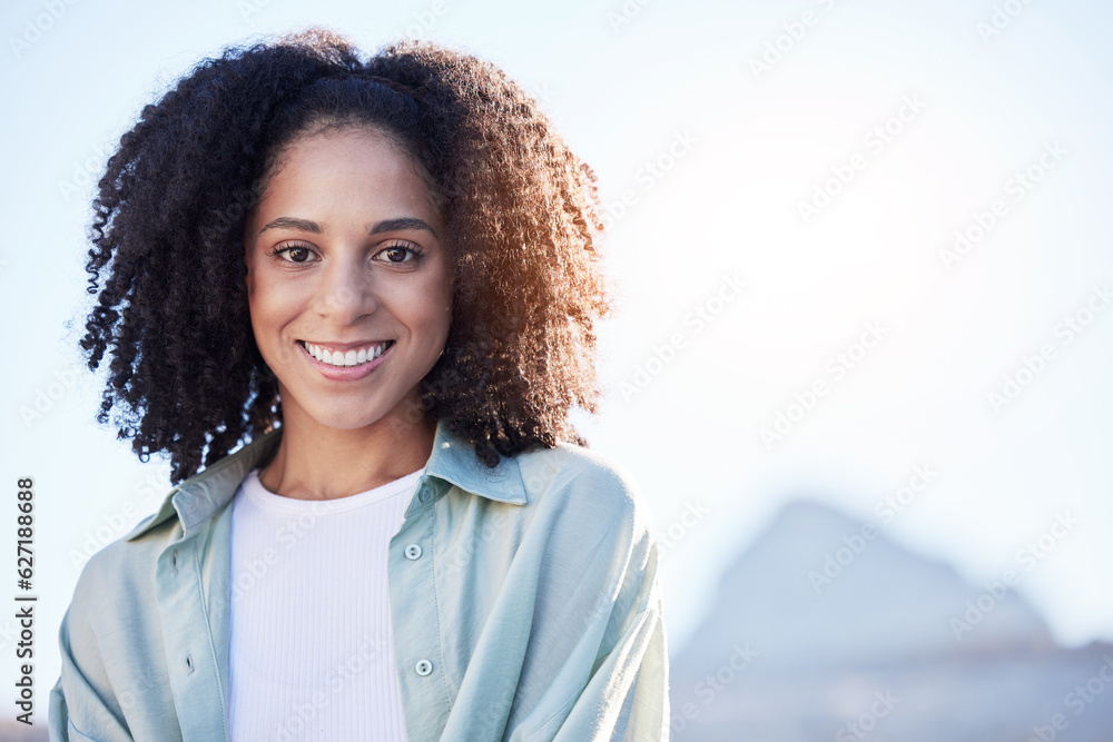 Happy, summer and portrait of a woman in the city for sun, smile and vacation with mockup. Travel, m