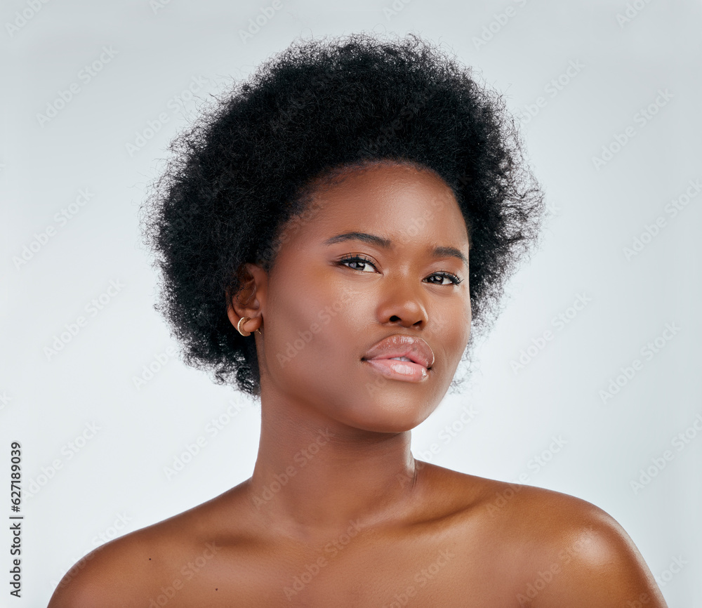 Portrait, natural hair and black woman with glow in skincare or cosmetic on white background in stud