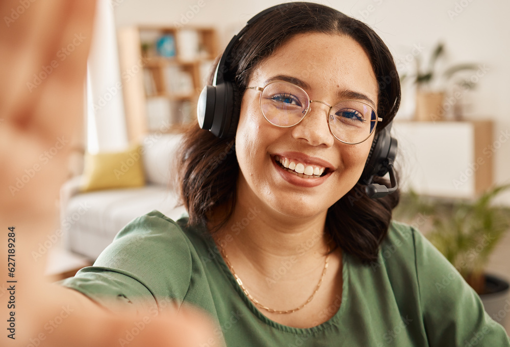 Woman, call center and selfie portrait for smile, post or work from home office with headphones, mic