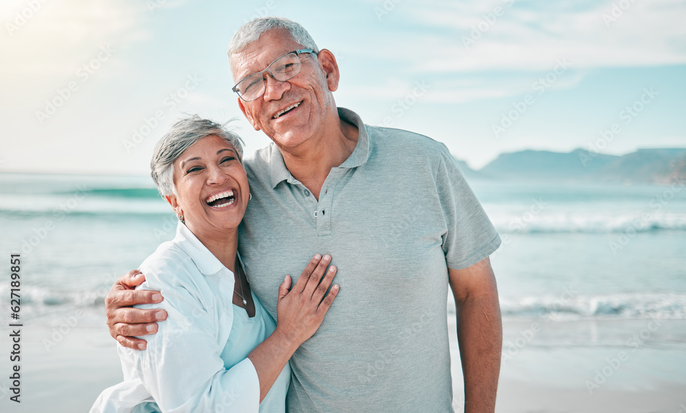 Happy, hug or portrait of old couple on beach with love, care or support on summer vacation holiday 