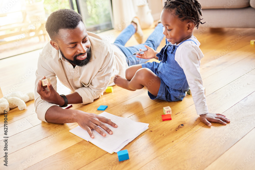 African dad, girl and floor for drawing, paper and learning together with smile, love and care in lo