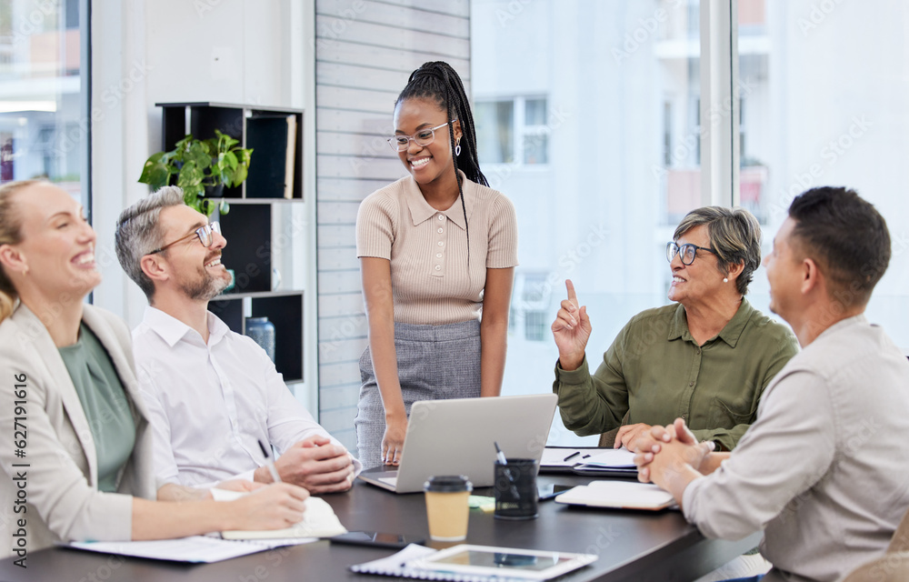 Business meeting, laughing and people with manager, african woman or presenter for company planning.