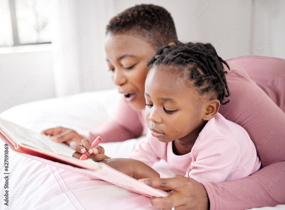 Love, reading book and mother with child in bed for learning, drawing and fun at home. Storytelling,