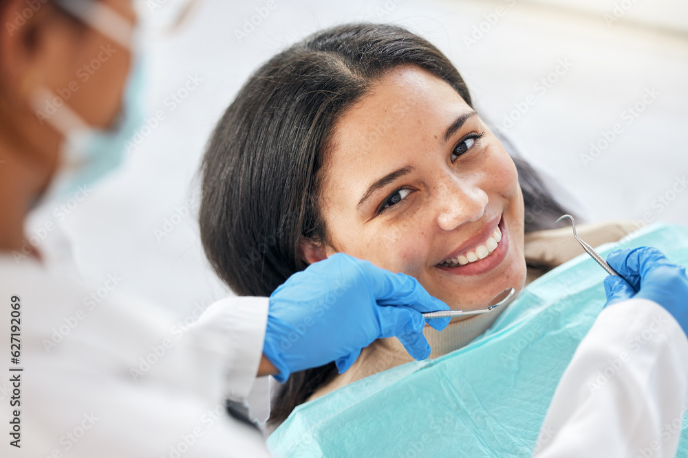 Dentist, dental care and teeth smile of a woman with tools and hands of a professional by mouth. Por