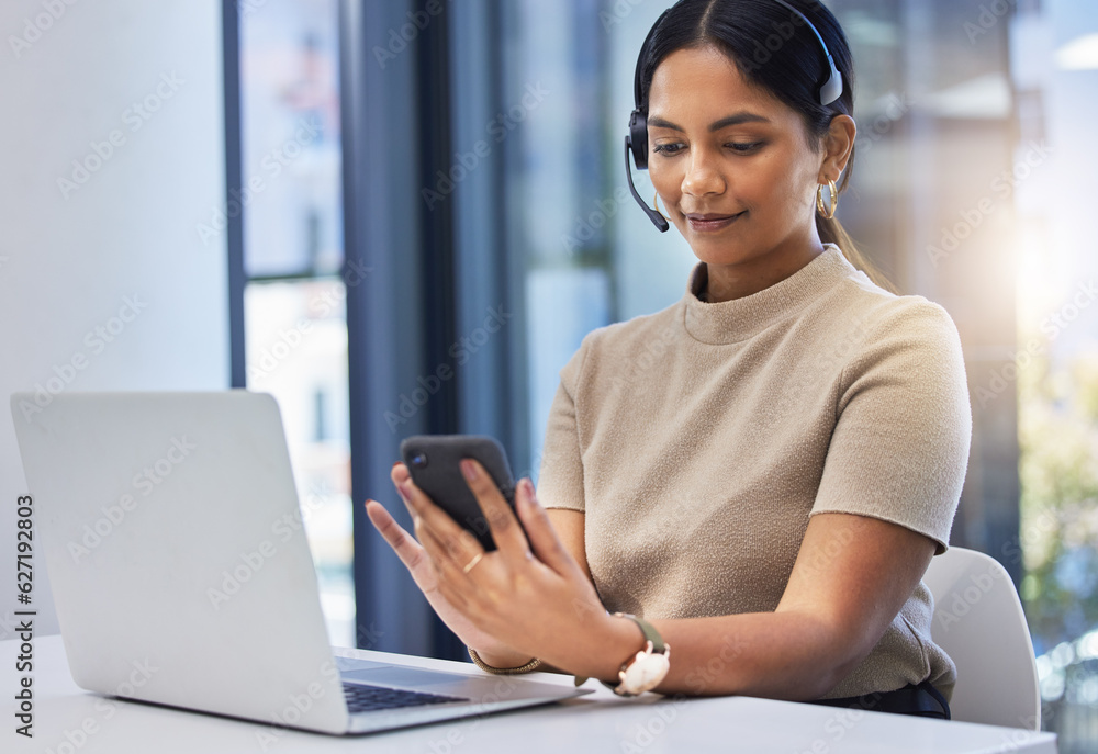 Call center, woman and typing on smartphone at laptop in office of customer service, CRM consulting 