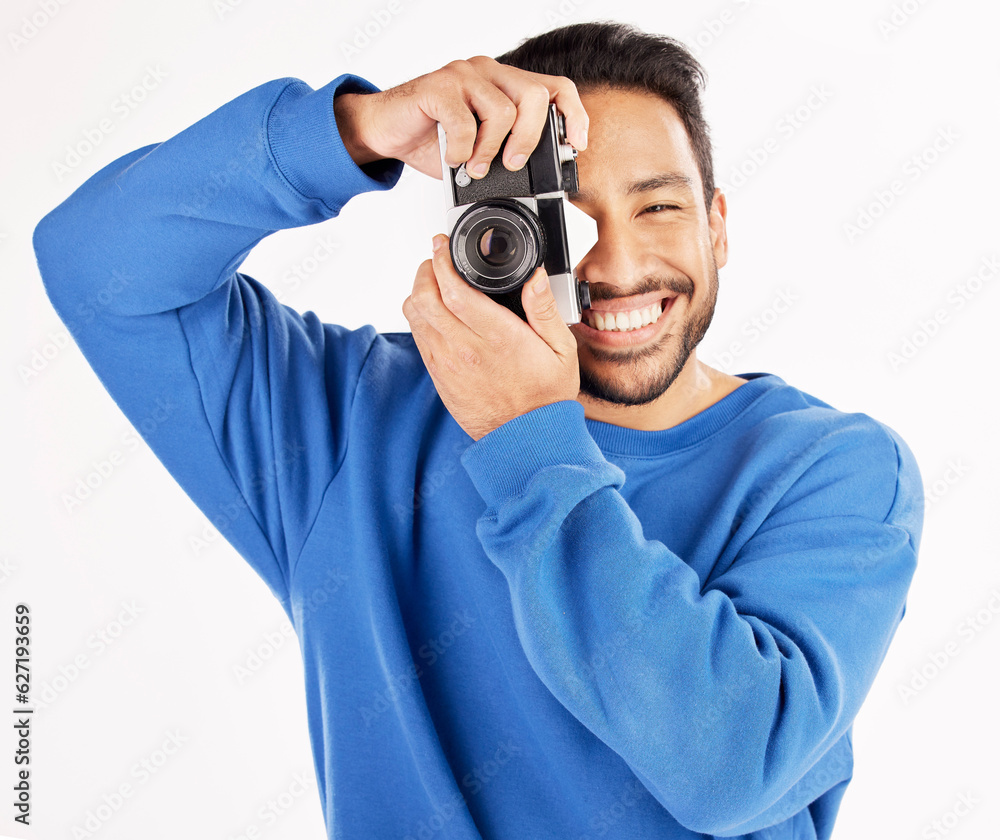 Camera, photographer and portrait of asian man in studio for photoshoot, creativity and paparazzi. H