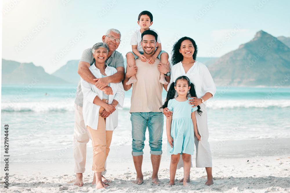 Grandparents, parents or portrait of happy kids at beach as a big family for holiday vacation travel