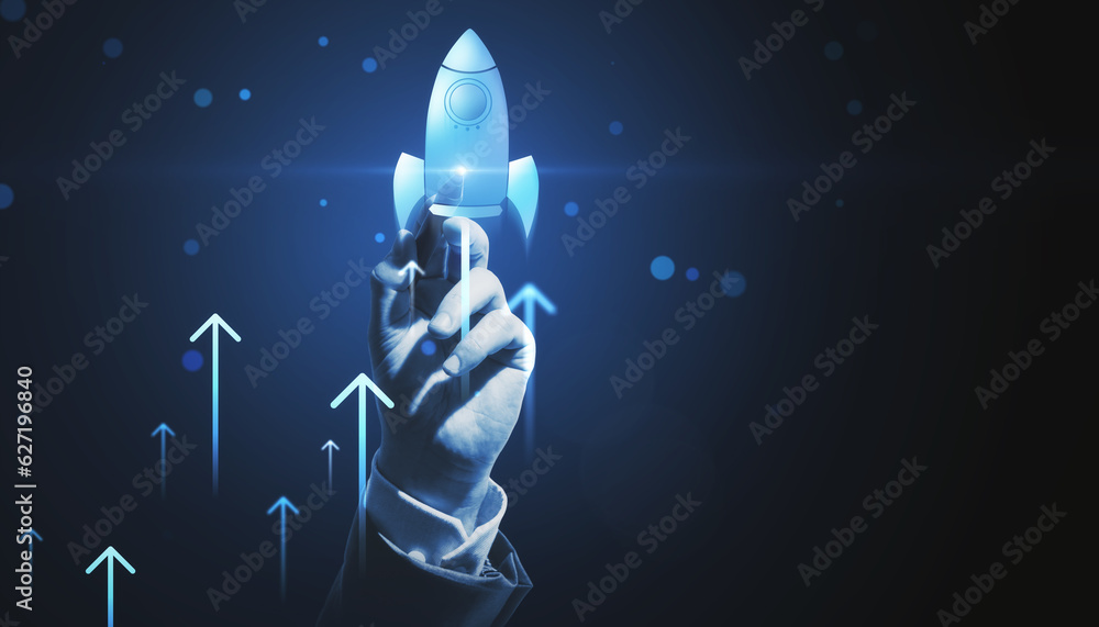 Close up of man hand pointing at glowing flying blue rocket on dark background with mock up place. S