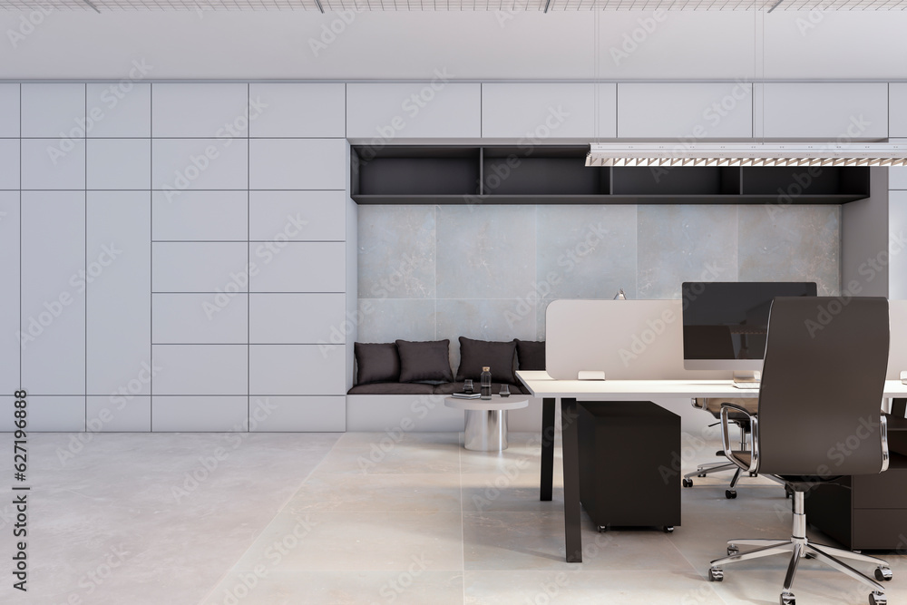 Modern white coworking office interior with furniture. 3D Rendering.