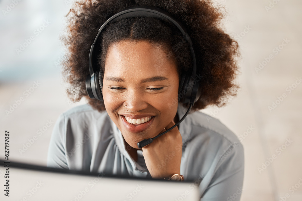 Call center, happy woman and computer for customer service, consulting or tech support in CRM agency