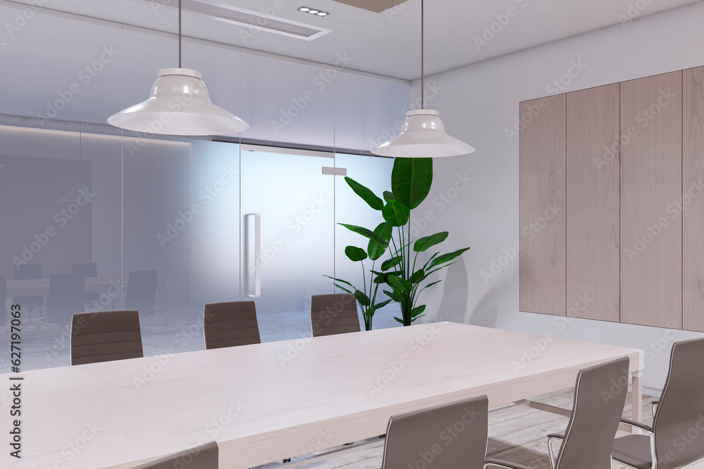 Perspective view of modern empty boardroom interior with office desk and chairs, matte glass wall an