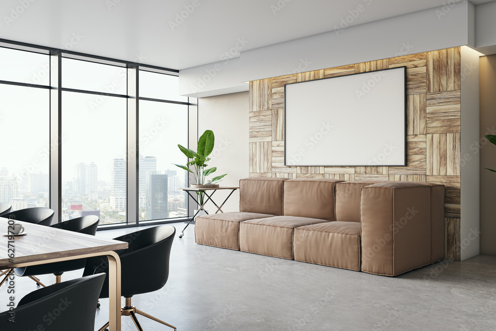 Relaxing area with sofa and blank white poster in luxury modern office interior, mockup. 3D Renderin