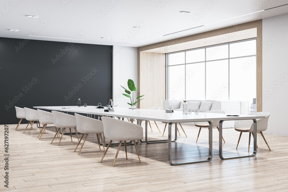 Perspective view of modern empty conference room with white office desk and chairs, black wall, wood