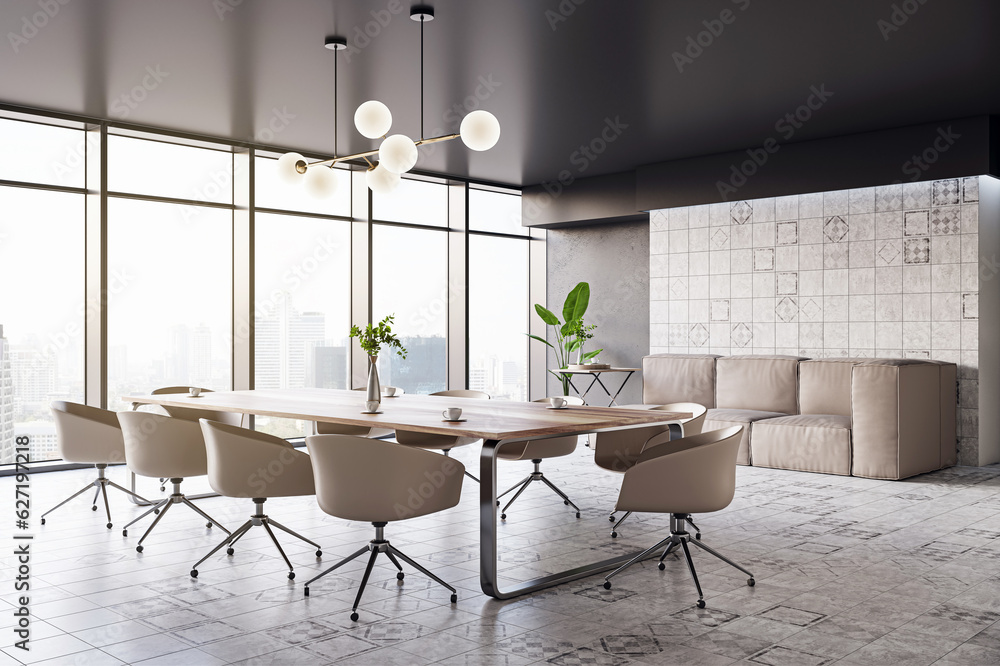 Perspective view of modern luxury meeting room interior with office desk and chairs, panoramic windo