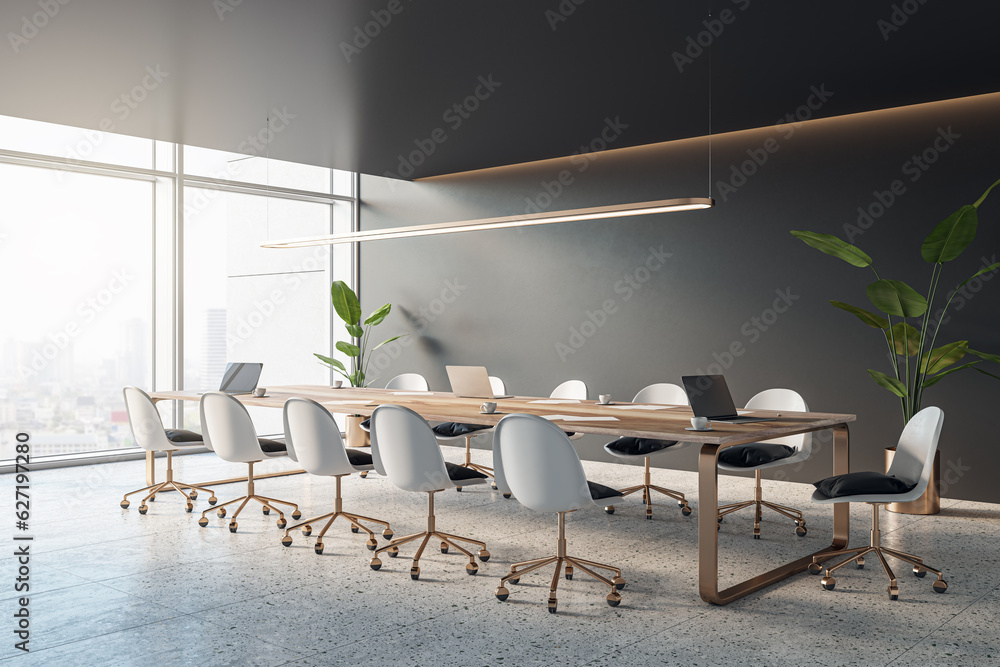 Perspective view of empty modern conference room with office table and chairs, panoramic window, sto