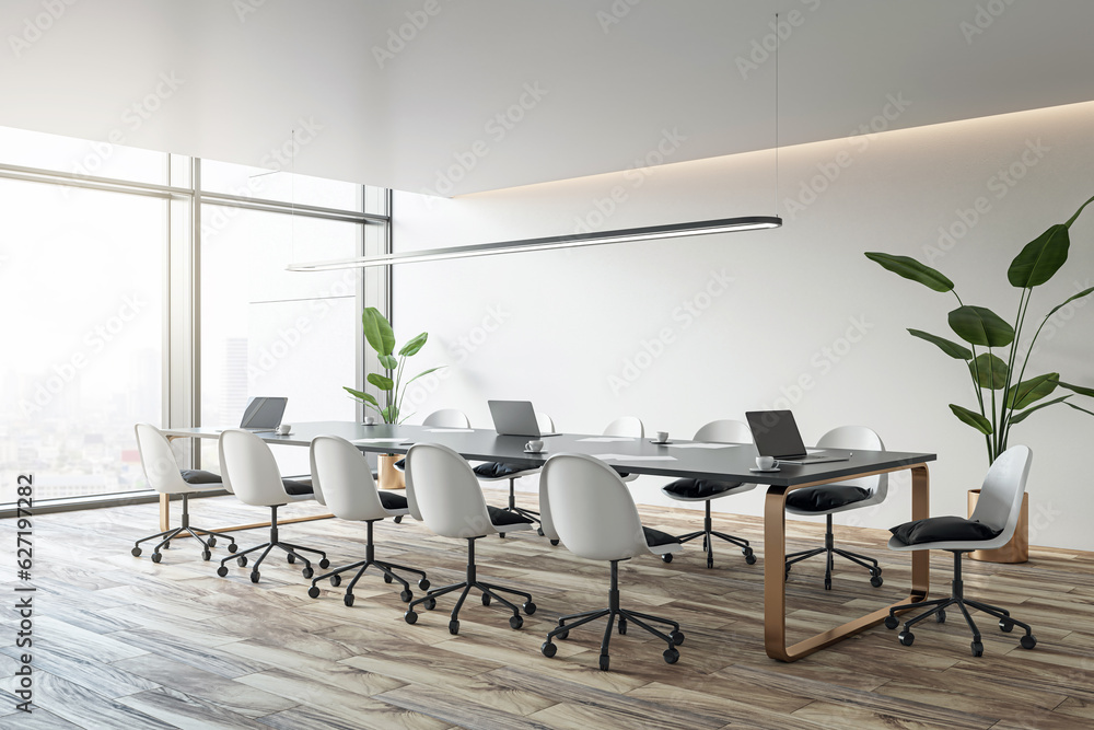 Perspective view of empty modern conference room with office table and chairs, panoramic window, woo