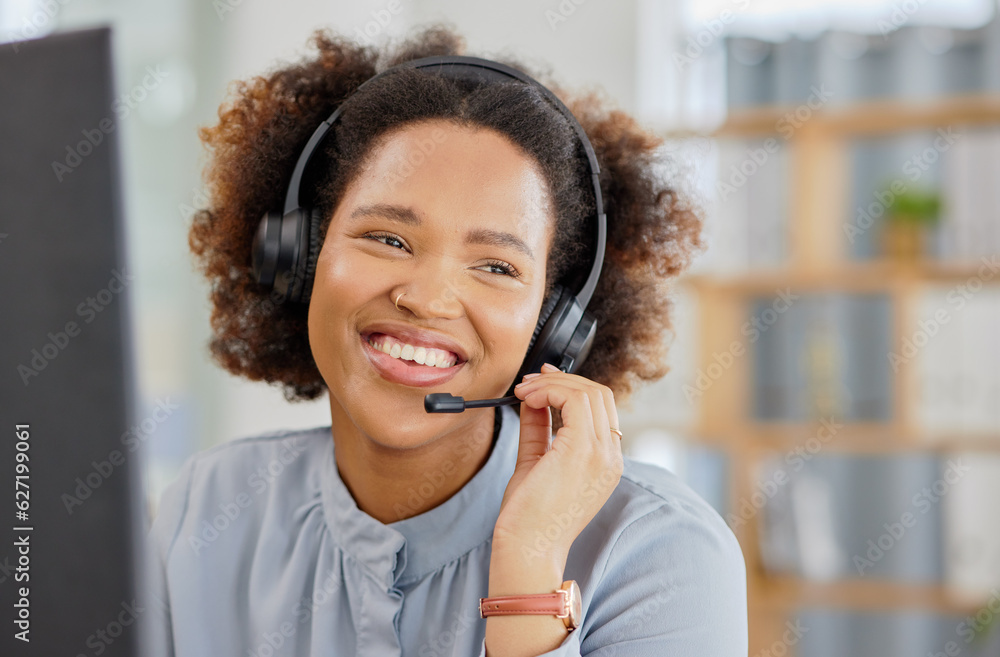 Call center, conversation and happy woman at help desk for advice, sales and telemarketing in headse