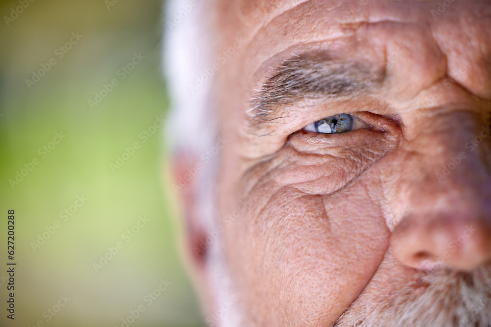 Eyes, vision and old man, face closeup and wisdom with focus, insight and thinking with mockup space