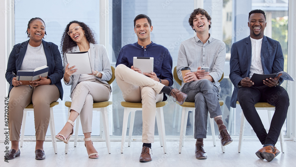 Diversity, portrait of businesspeople sitting and happy waiting in a office at their workplace. Mult