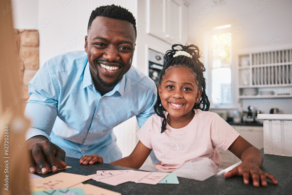 Black man, girl and education, portrait and happy, father helping child with school work at kitchen 