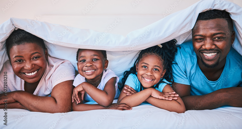 Smile, black family and portrait in a bed with blanket, relax and comfort on the weekend in their ho