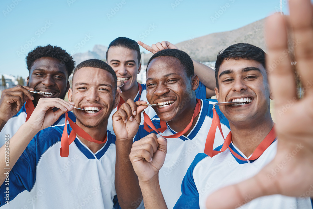 Men in selfie, medal and winner, soccer competition and sports, athlete group on field, diversity an