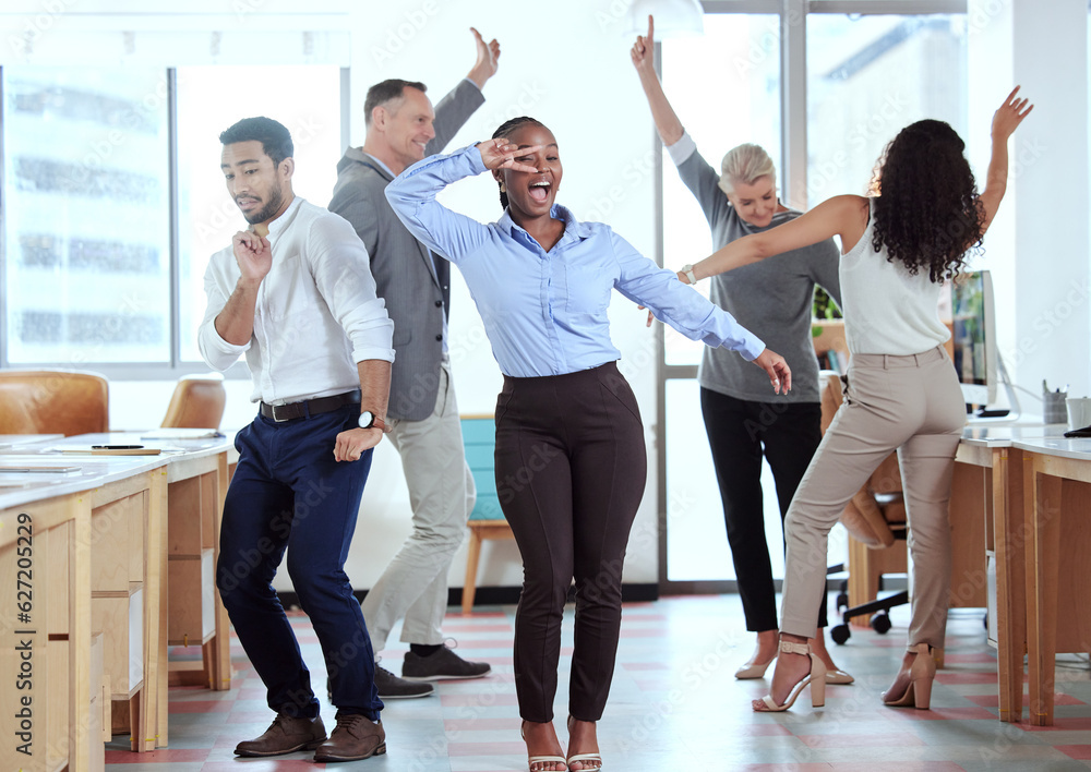 Office, celebration and excited business people dance for success, achievement and team building. Co