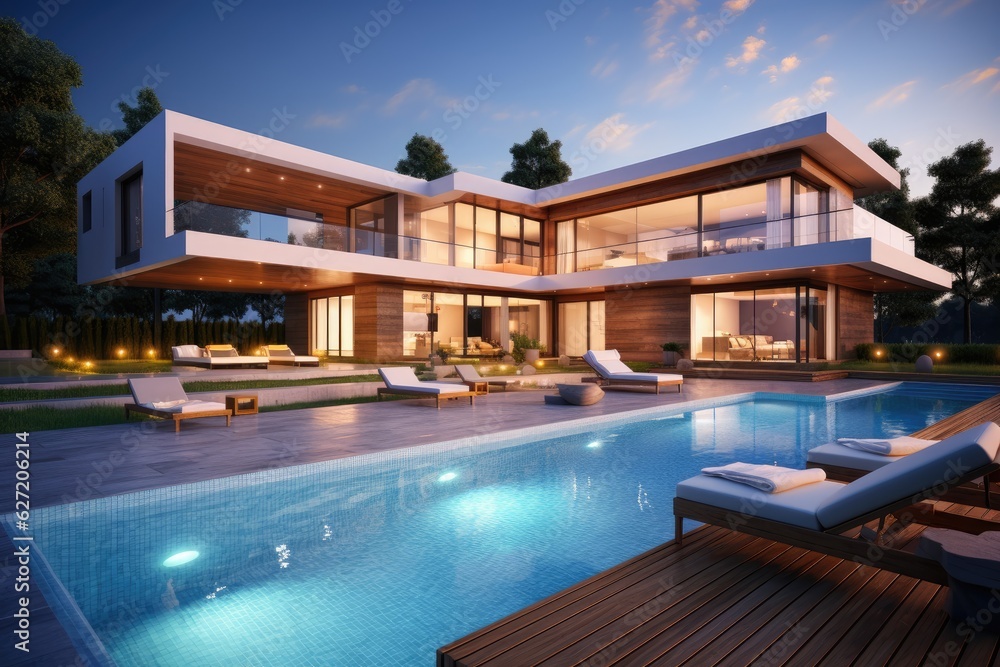 3d rendering of modern cozy house with pool and parking for sale or rent in luxurious style.  Clear 