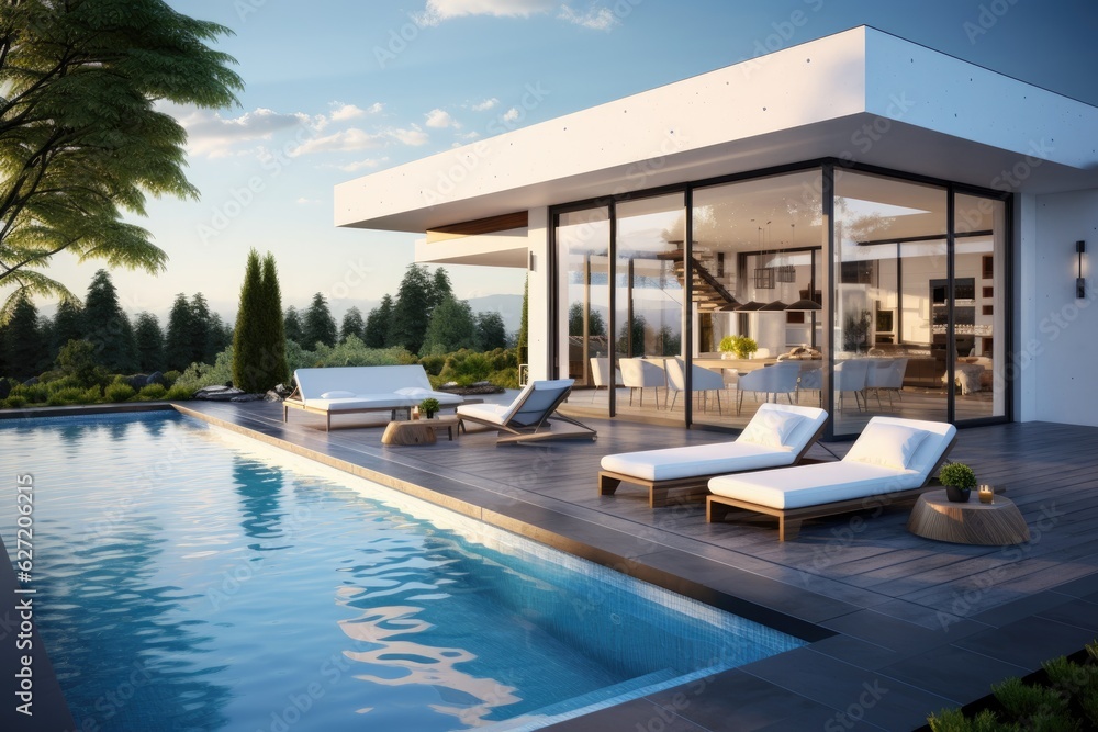 3d rendering of modern house with swimming pool and beautiful landscaping, 3d rendering of a modern 