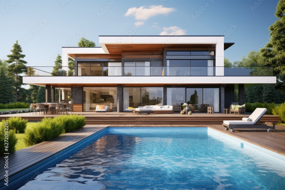 3d rendering of modern cozy house with pool and parking for sale in luxurious style. Clear sunny sum