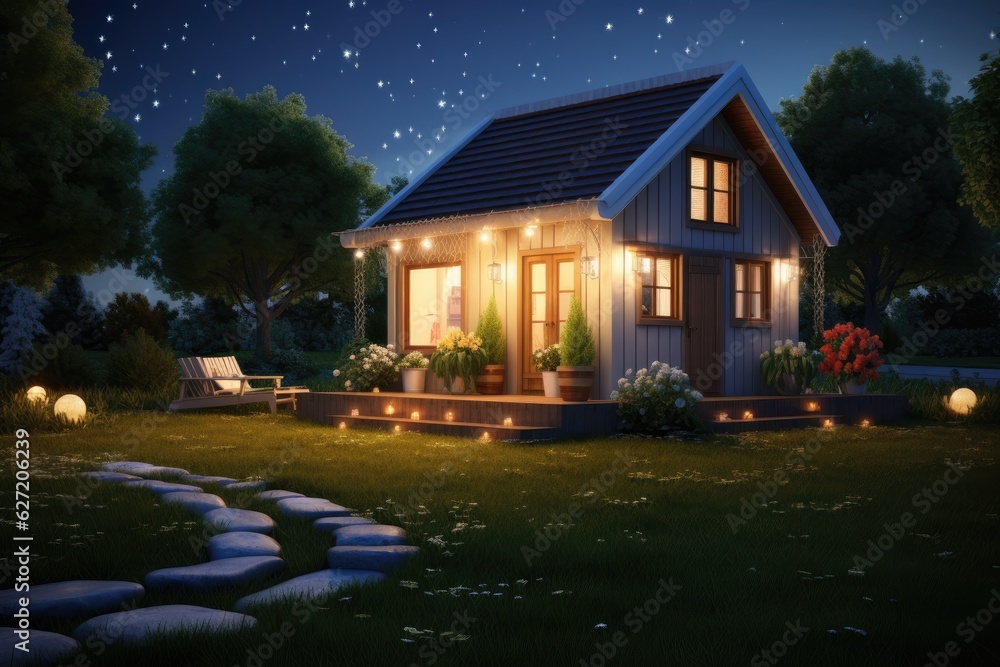 Illustration of a cozy house in the garden at night with lights, 3D rendering of a small house on th