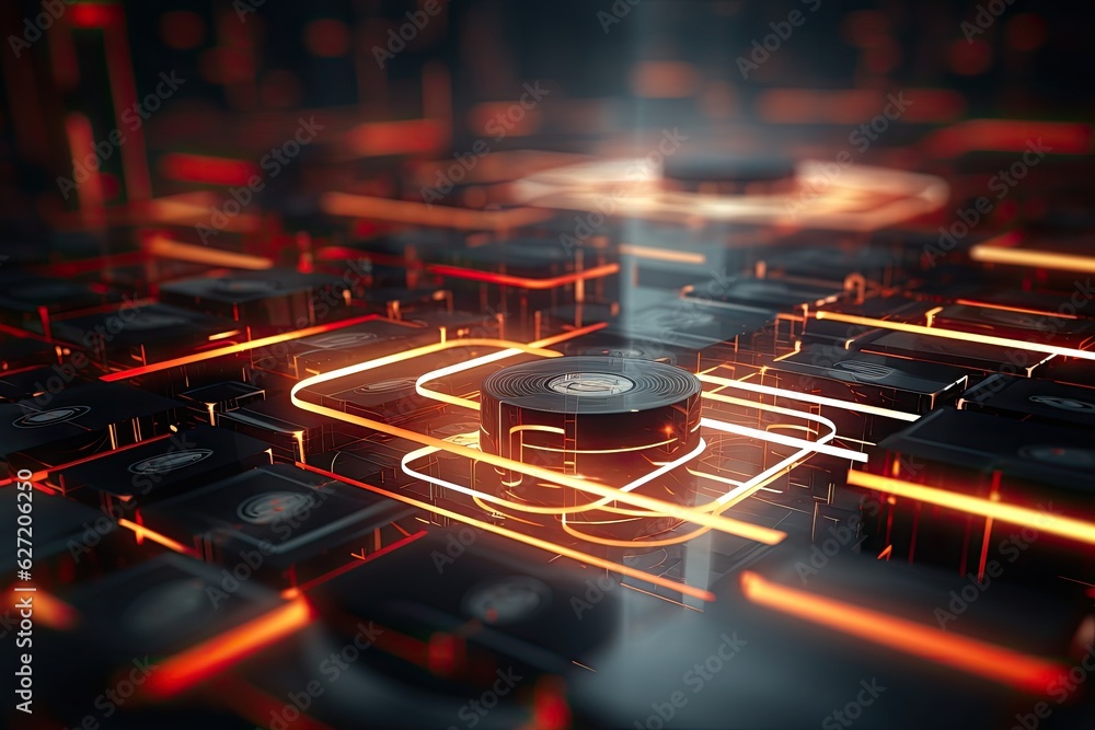 3d rendering of cpu with circuit board and neon lights on it, 3d rendering of abstract technology ba