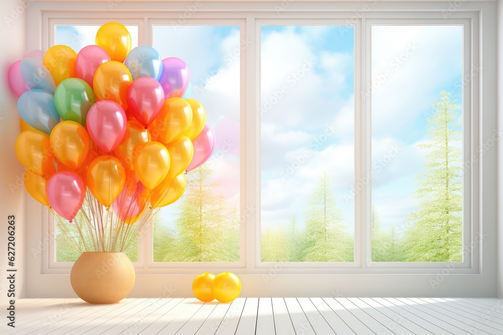 3d render of colorful balloons in the room with window view. 3d rendering of colorful balloons in a 