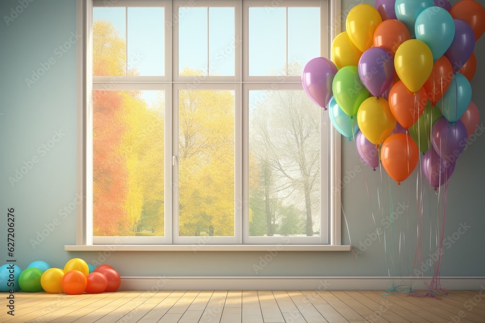 Colorful balloons in the room with window. 3D rendering. 3d rendering of colorful balloons in a room