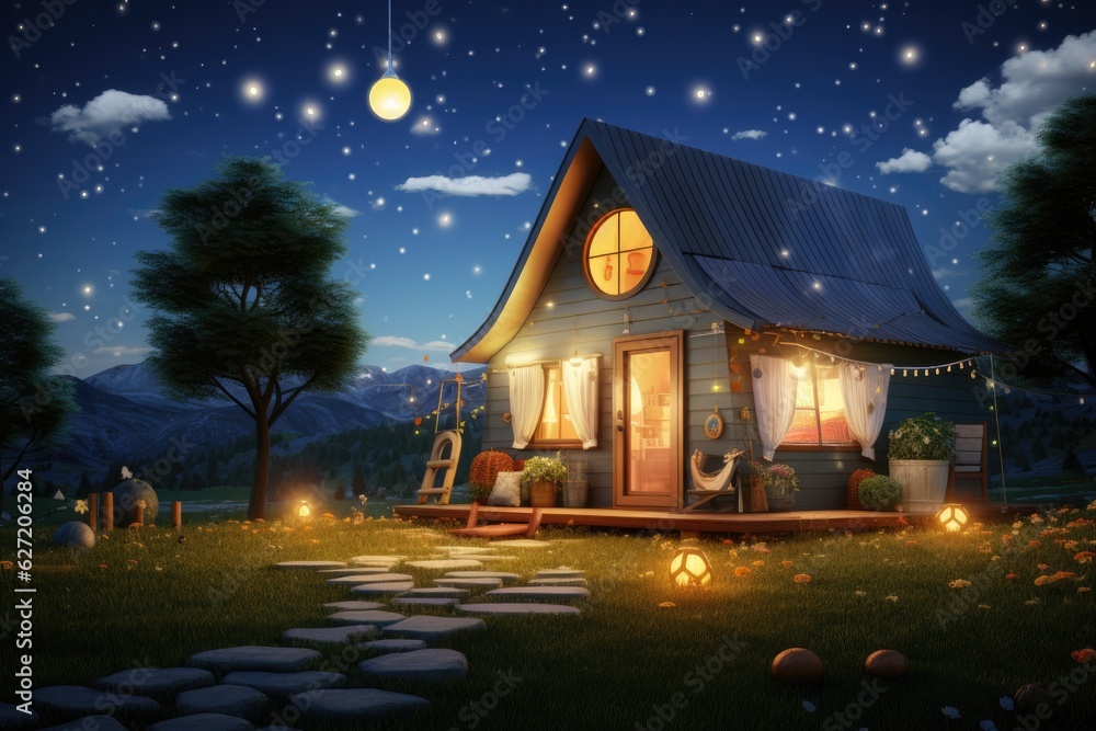 Illustration of a wooden house in the forest with a beautiful night sky, 3D rendering of a small hou