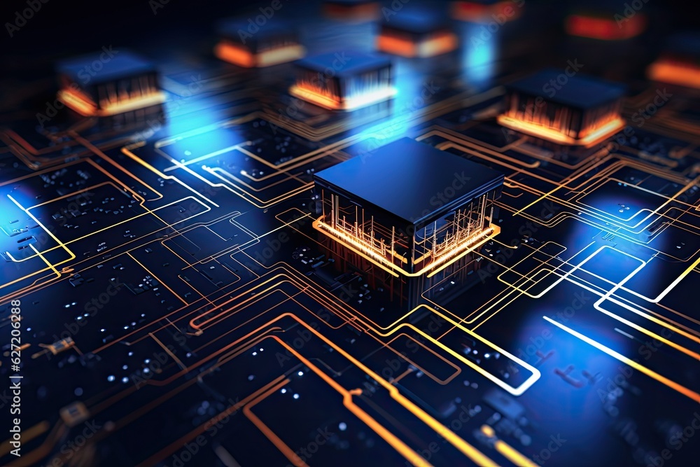 Circuit board with microchips and electronic components. 3d rendering, 3d rendering of abstract tech