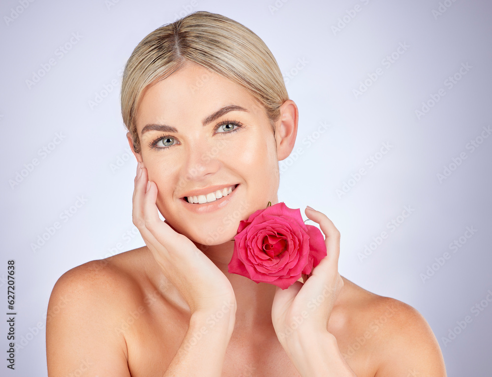 Beauty, studio portrait or happy woman with flower for facial cleaning, organic skincare or natural 